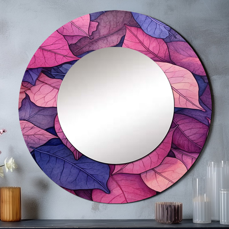 «Pink Blue Leafs» Harmony II - grand miroir floral, miroir mural décoratif rond traditionnel, impression d'art en métal