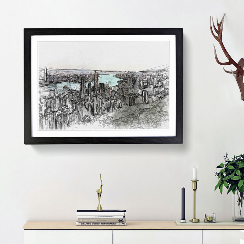 Hong Kong Skyline in Abstract - Picture Frame Graphic Art Print, Black Framed, 36cm H x 48cm W x 2cm D