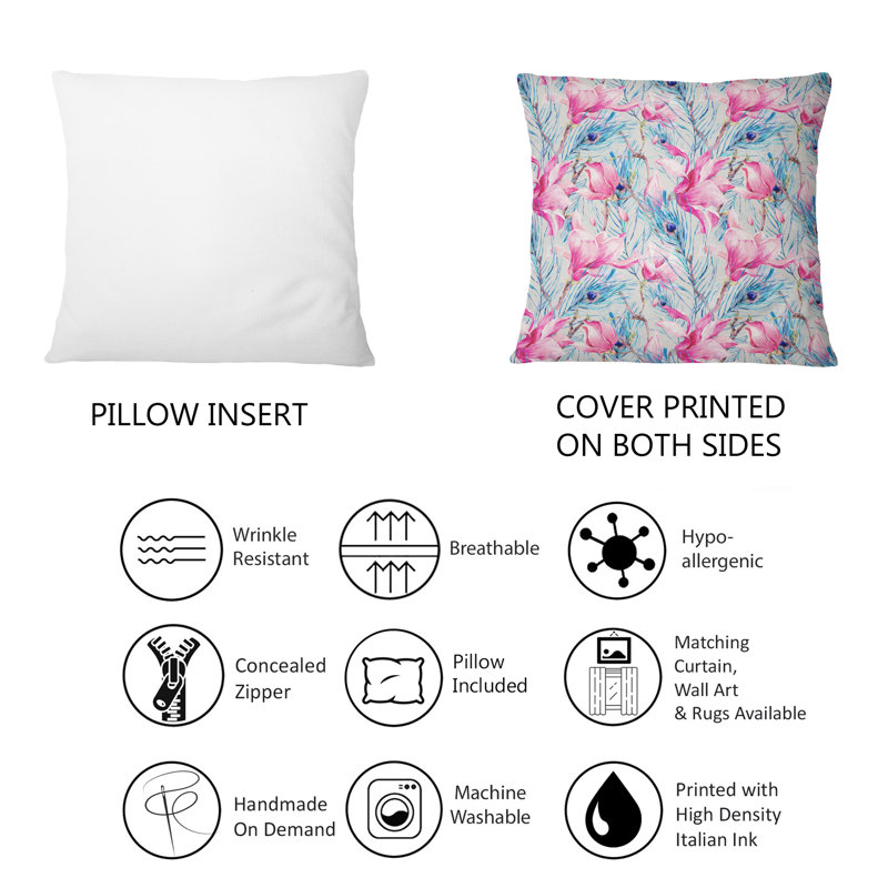 Coussin décoratif avec motif à motif de plumes de paon et de magnolia II
