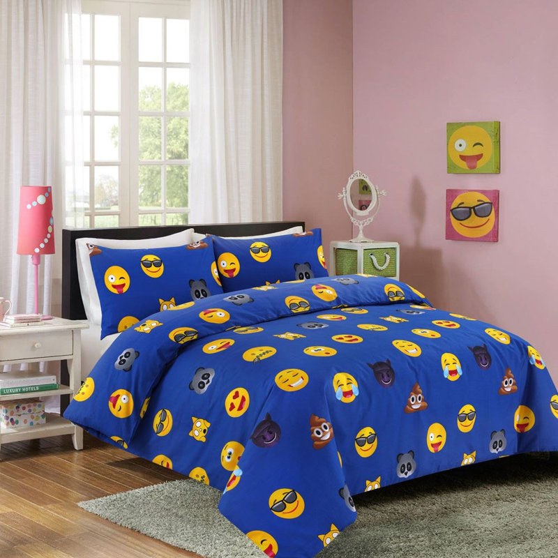 Emoji Icons Reversible Duvet Cover Set, King, Blue
