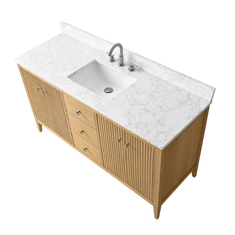 Ensemble de meuble-lavabo autoportant avec lavabo en marbre 60 po Lavallon, Chêne naturel linéaire, Nickel brossé