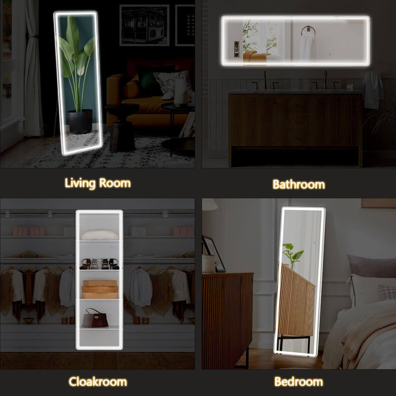 3 Color Lighting Mirror With LED Lights, 64"X21" Lighted Floor Standing Mirror With Stand