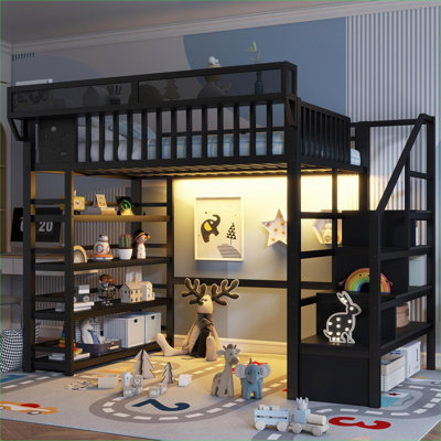 Black-toned Full Size Storage Metal Loft Bed Frame with Built-in Charging Station and Integrated Shelves