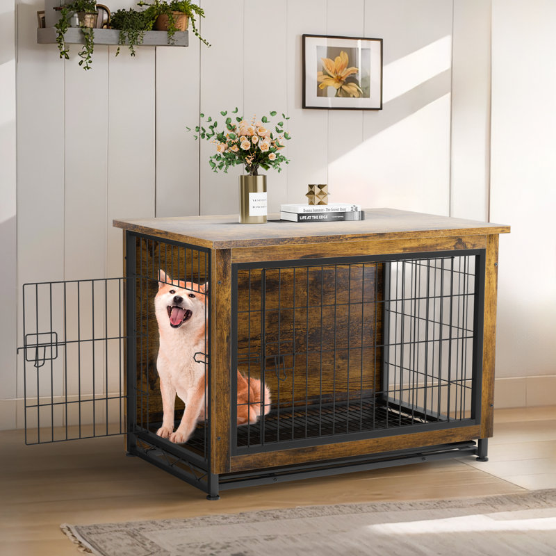 Meuble de caisse pour chien Emberli, table d'appoint latérale, chenil en bois moderne pour chiens d'intérieur, Brun