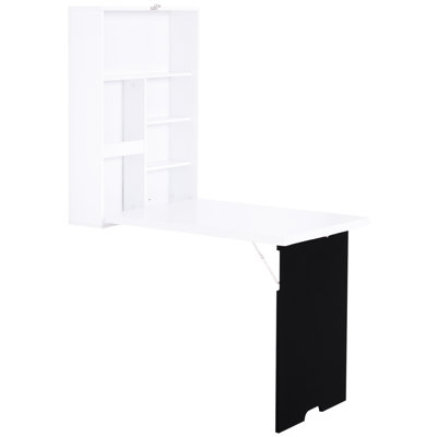 Bureau mural blanc avec tableau noir et tablettes, espace de rangement fonctionnel, monté, blanc, pour une pièce élégante