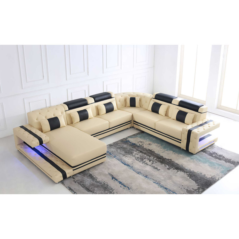 Canapé modulaire en cuir véritable Lucertia, Face à la gauche, Beige / noir