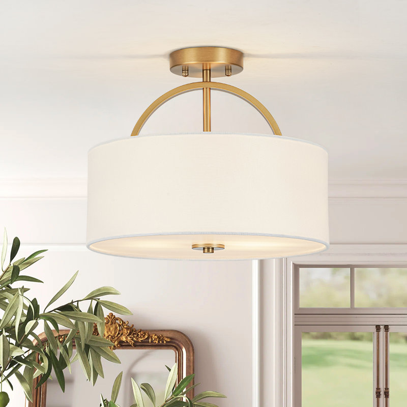 2-Light Dimmable Drum Semi Flush Mount , Gold