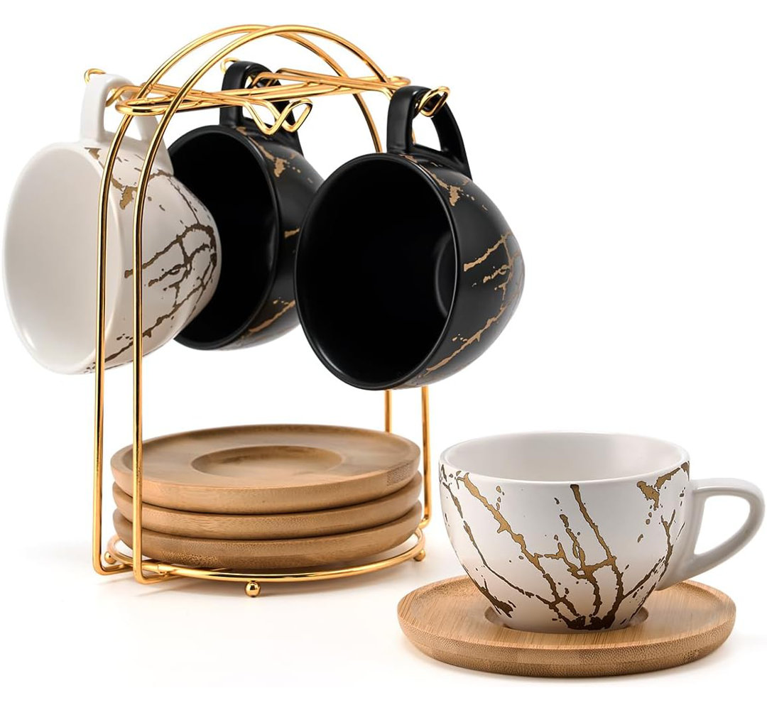 Stackable Coffee Mugs and Saucer with Metal Stand Set of 4