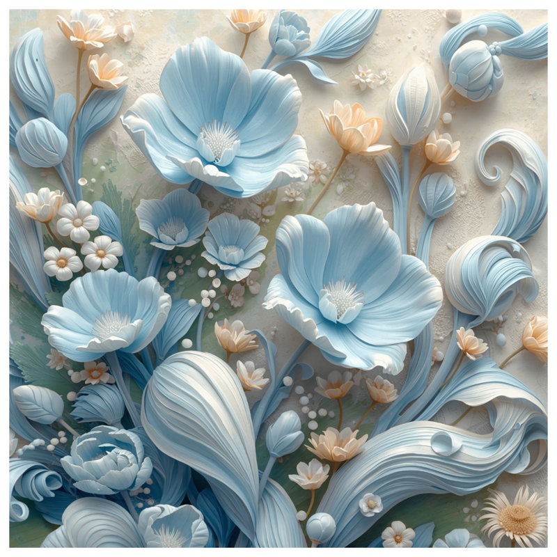 Blue Beige Flowers Blankets, 50in W x 60in H