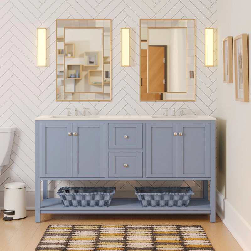 Ensemble de meuble-lavabo double 60 po Binne, Bleu poudré, Blanc d'ingénierie