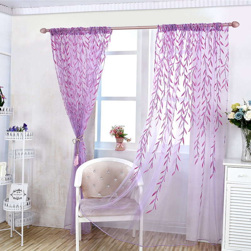 Rideau 2 voilages mauve à motif de feuilles de saule transparent