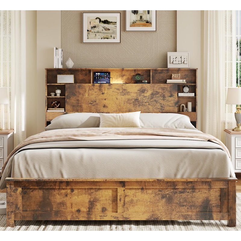 Wood Queen Bed Frame With Storage Headboard - Bed Frame Queen Size With Charging Station & Led Lights