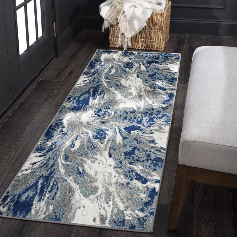 Tapis bleu abstrait Moises, Tapis de couloir 2 pi 3 po x 7 pi 3 po
