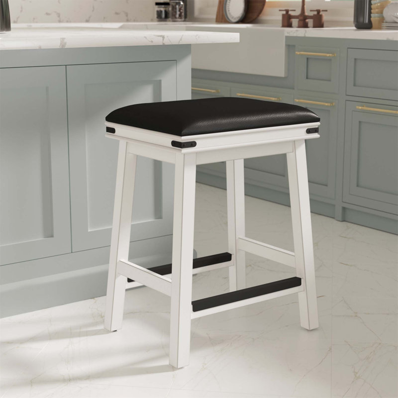 Tabouret de comptoir, siège en cuir, Noir, Blanc antique
