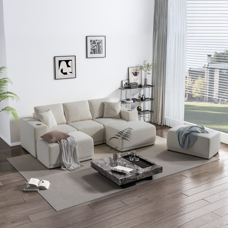 Canapé modulaire réversible à 3 places en U avec 2 repose-pieds Ericult, Beige gris