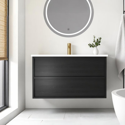 Meuble-lavabo mural Mid-Century moderne avec tiroirs à fermeture en douceur et lavabo en céramique