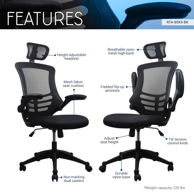 Techni Mobili Modern High-Back Mesh Executive Office Chair With Headrest And Flip-Up Arms, Black