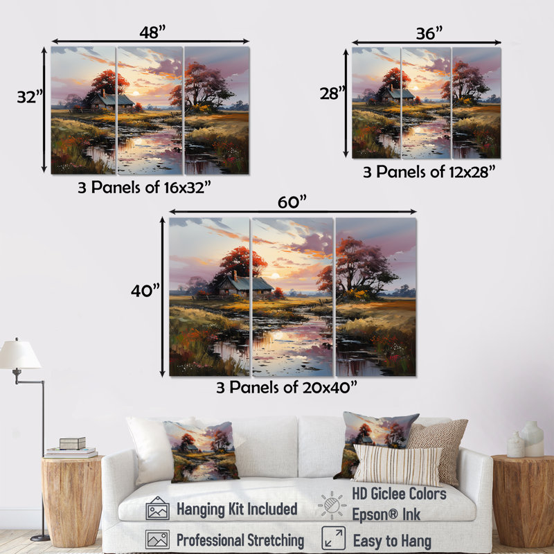 «Countryside Cottage Charm In Winter I» - ensemble d'art mural campagne, H 28 po x l 36 po x P 1 po