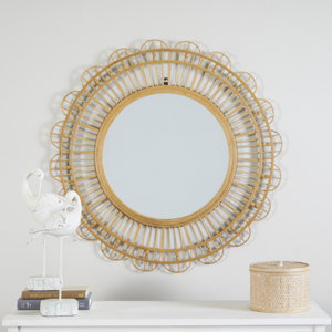 Bathsheba Bamboo Wood Handmade Woven Brown Wall Mirror with Beaded Accents ( 35.00'' H X 35.00'' W X 1.00'' D) 