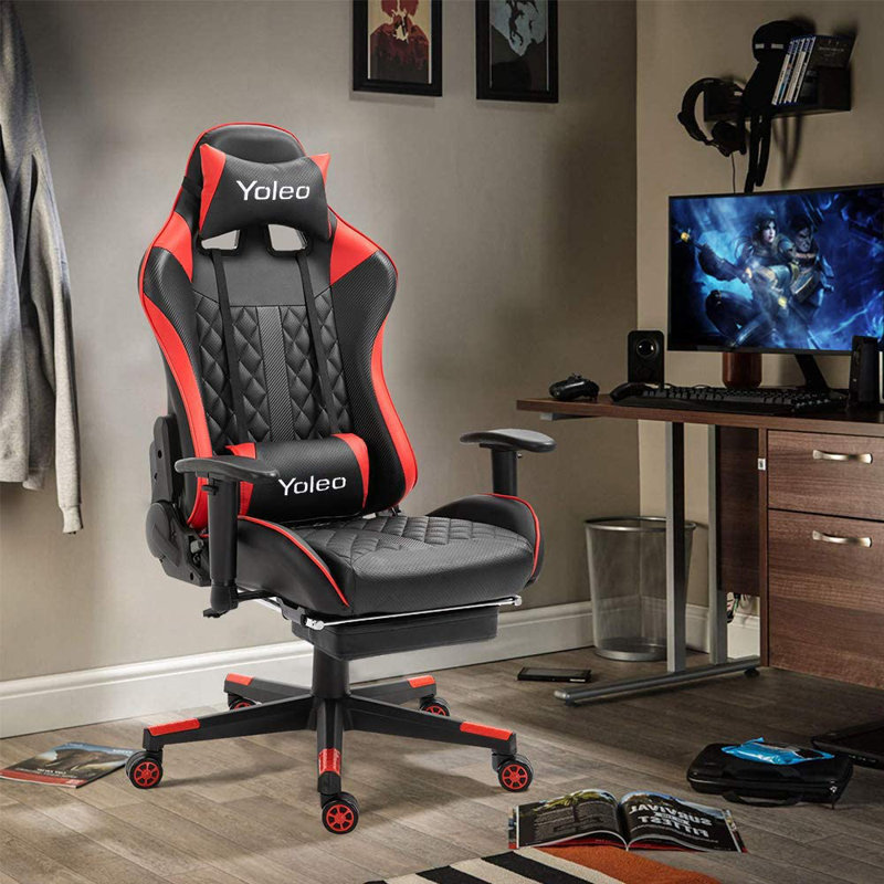 Yoleo Adjustable Reclining Ergonomic Faux Leather Swiveling PC & Racing Game Chair, Red