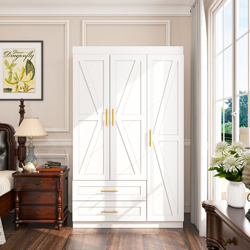 Armoire à 3 portes avec tiroirs Shaker, Blanc / Blanc