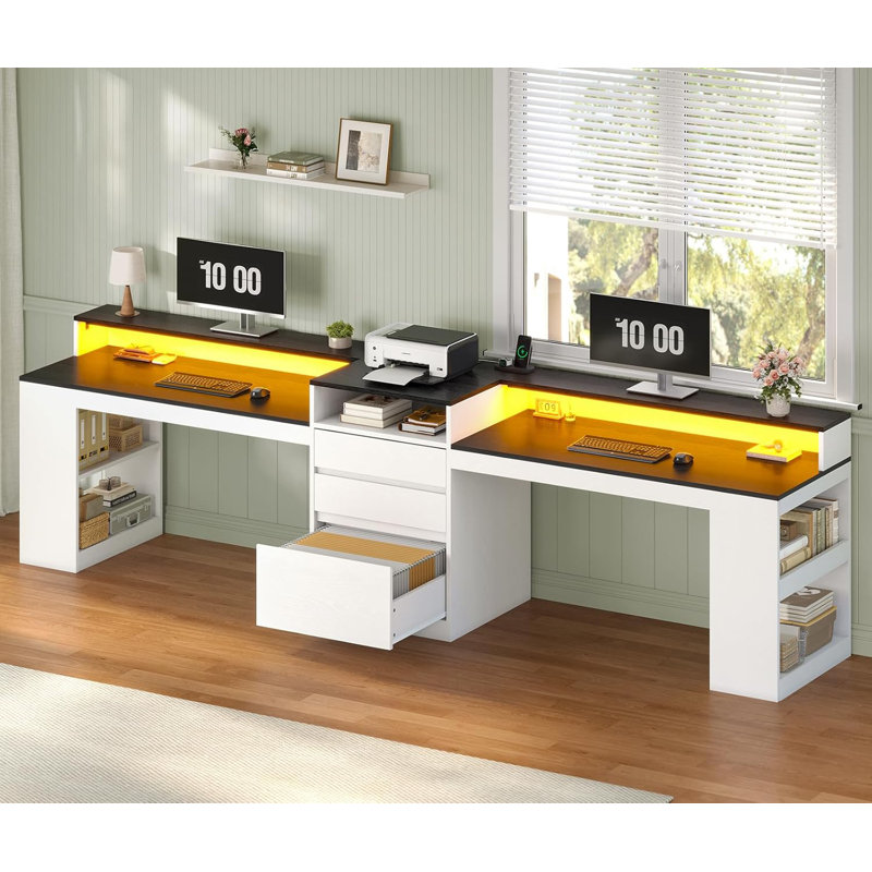 96.6" Two Person Desk With Led Lights And Power Outlet, Double Computer Desk With 3 Drawers, Extra Long Writing Desk Workstation With File Drawer For Home Office, White