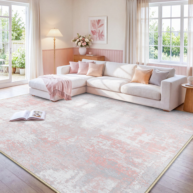 Modern Abstract Printed Area Rug Non-Slip Machine Washable Low Pile for Living Room Bedroom, Gray/Pink, Rectangle 9' x 12'