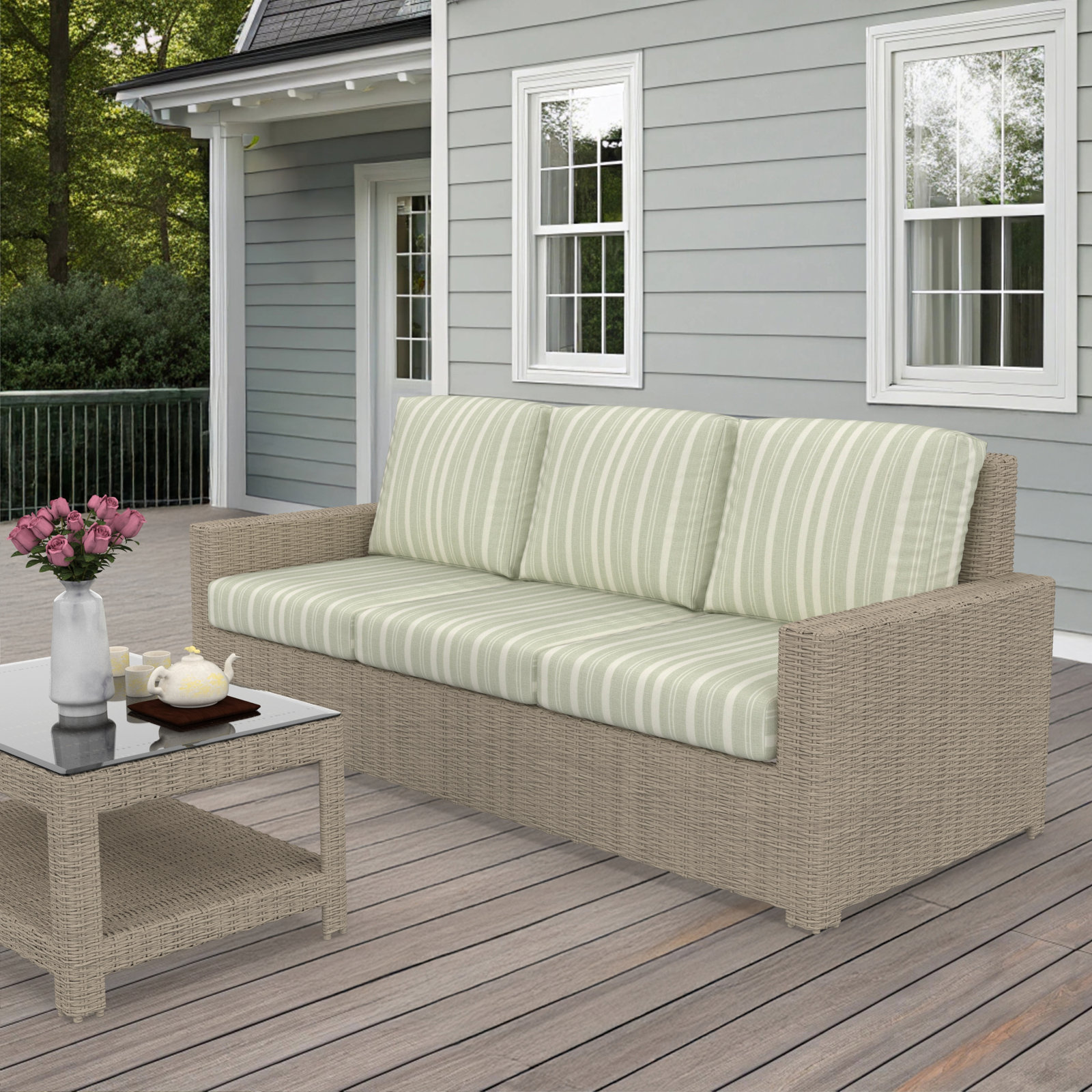 Henri 3 Seat Sofa With Sunbrella Cushions, Tranquil Sage