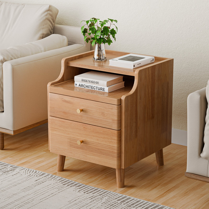 Table de chevet de 50 cm de haut avec tiroirs, préassemblée, en bois massif naturel avec tablette coulissante ouverte