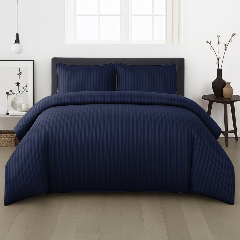 Microfiber Stripe Duvet Complete Set With Striped Pillows & Fitted Sheet, Single Duvet +1 Fitted Sheet +1 Pillowcase, Navy
