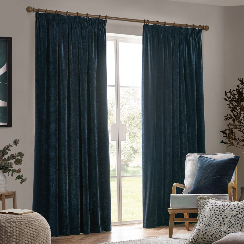 Heavy Chenille Blackout Curtain Panel Pair, 168cm Width x 229cm Drop, Navy