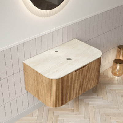 Armoire murale 30 po, avec comptoir en travertin romain et 1 tiroir SEULEMENT, SANS lavabo, PAS de robinet, bois naturel