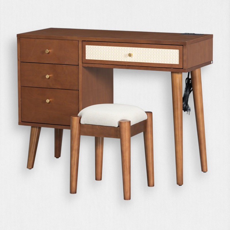 39"Bohemian Rattan Designed Wooden Makeup Vanity Set including 1 Stool, Dressing Table with 4 Drawers, Charging Plug and USB Port