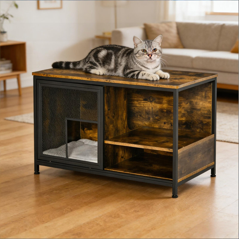 Table de bout avec rangement et coussin confortable pour petits chats, design rustique et fonctionnel
