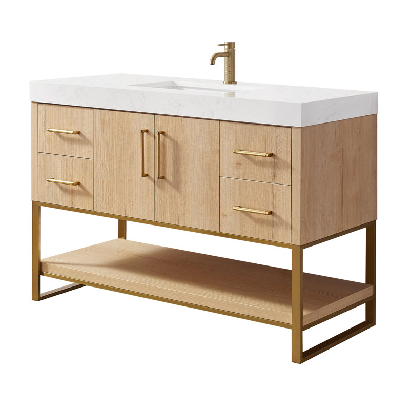 Cataleya Single Sink Bath Vanity in Weathered  with White Grain Composite Stone Top, Gold/Oak, 48"