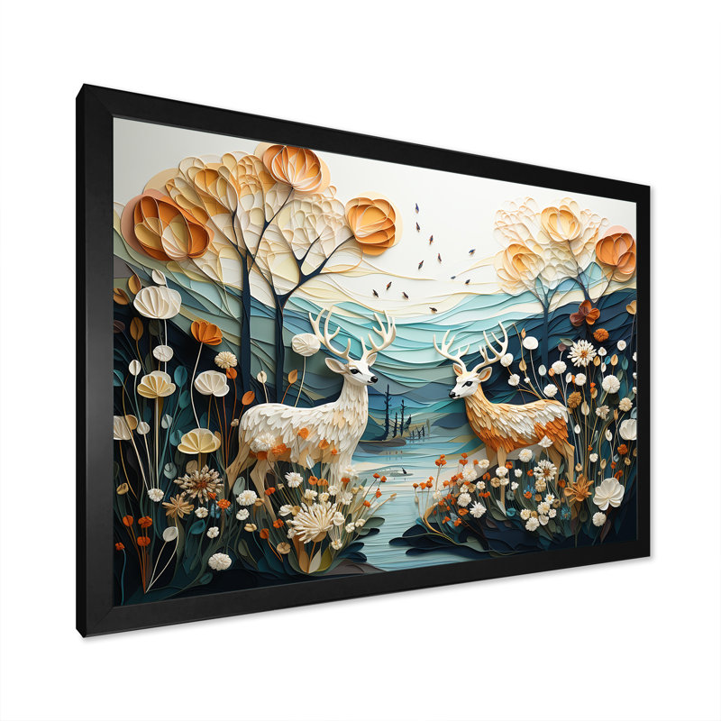 «Modern Deer Couple Collage», reproduction d'art sur toile, Cadre simple noir, H 34 po x l 44 po x P 1,5 po