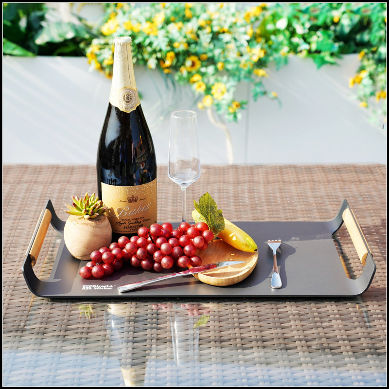 Durable Grey Powder-Coated Aluminum Outdoor Patio Tray with Teak Handle, Perfect for Serving and Entertaining