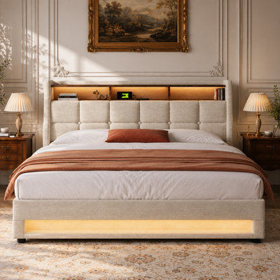 Norvessa Upholstered Platform Bed with Hydraulic Storage, LED Light Headboard, Charging Station, Natural Linen Fabric Bed Frame, No Box Spring Needed