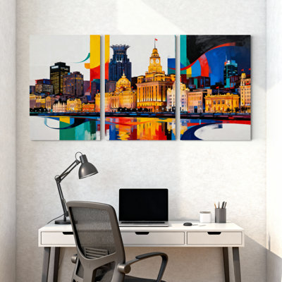 Cities &Countries Cityscape Reflection Colorful Abstract Art Canvas Print Set of 3 Canvas Wall Art Prints