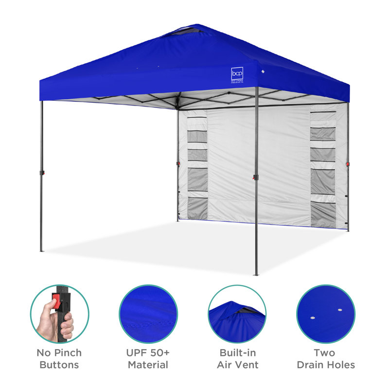 10X10ft Easy Setup Pop Up Canopy, Portable Tent W/ Side Wall, 1-Button Push, Case, Resort Blue