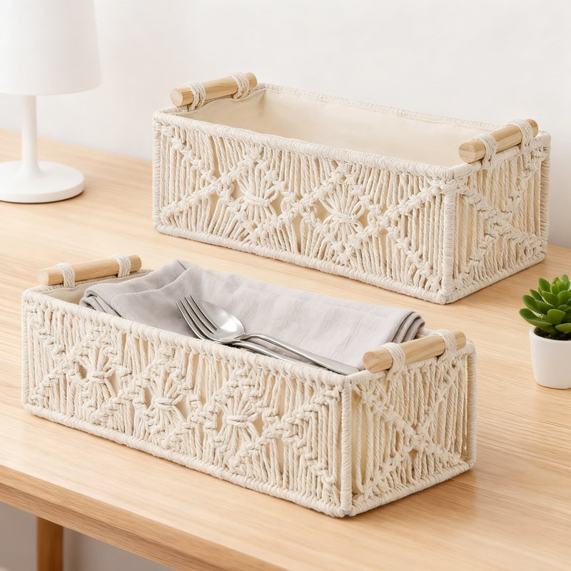Handmade Macrame Storage Baskets Set, Woven Decorative Organizer Box For Countertop Shelf Cabinet In Bedroom Livingroom Bathroom Home Decor