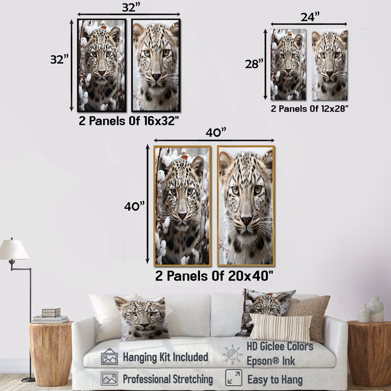 Subdued Majesty Leopard Snow Charm - Ensemble de 2 impressions sur toile léopard, H 28 po x l 25 po, Toile tendue