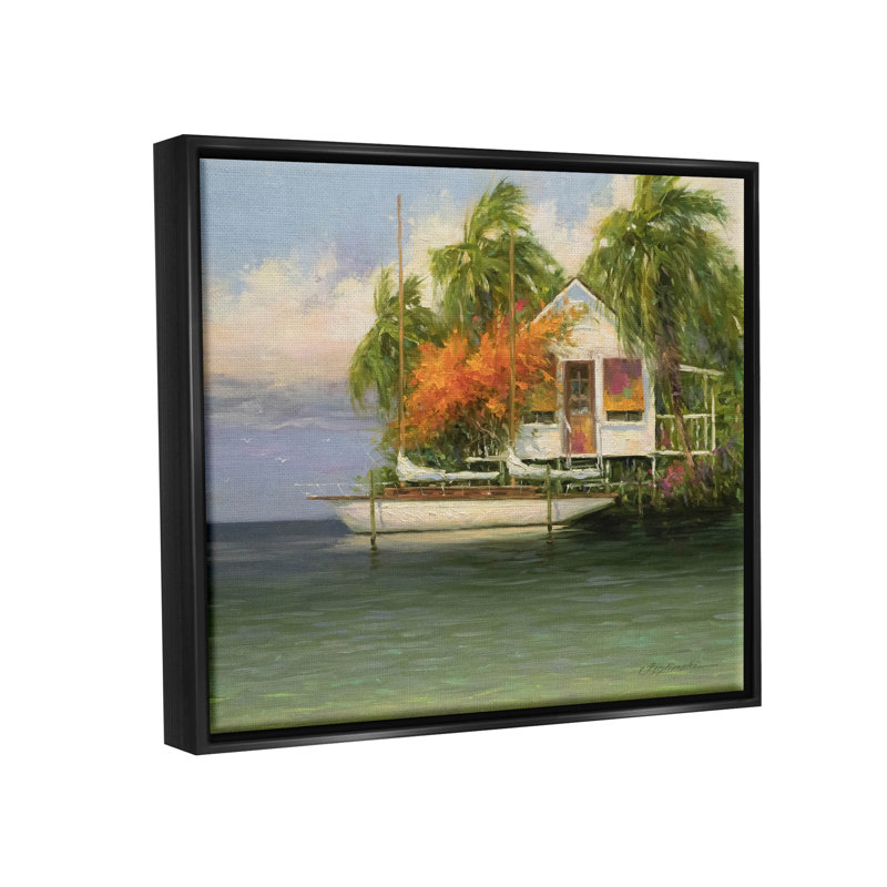 «Tropical Seaside House Boat», peinture sur toile à cadre flottant, Cadre flottant noir de jais, H 17 po x l 21 po x P 1,7 po