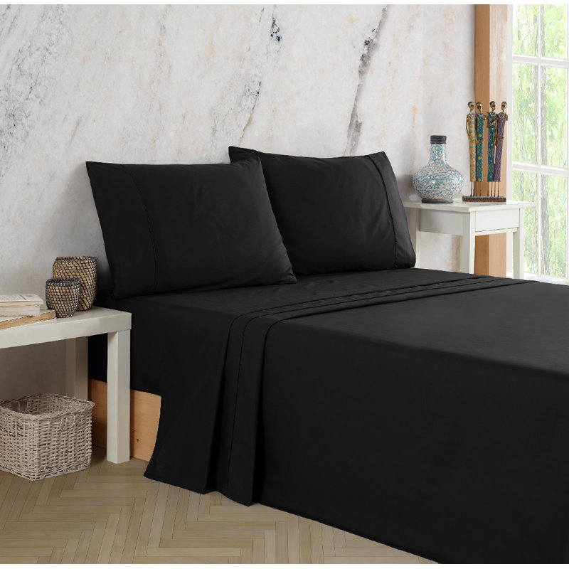 Ranforce Cotton Solid Bed Sheet Set, Black, Queen Sheet Set + 2 Standard Pillowcases