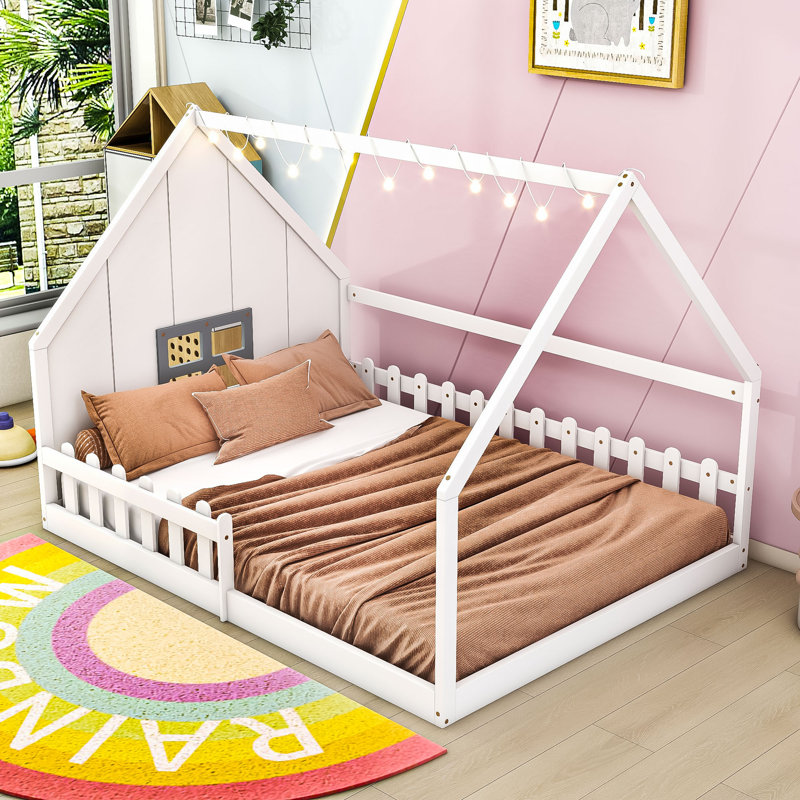 Full Wood House Bed Frame with Built-In Window, LED Light String and Fence, White