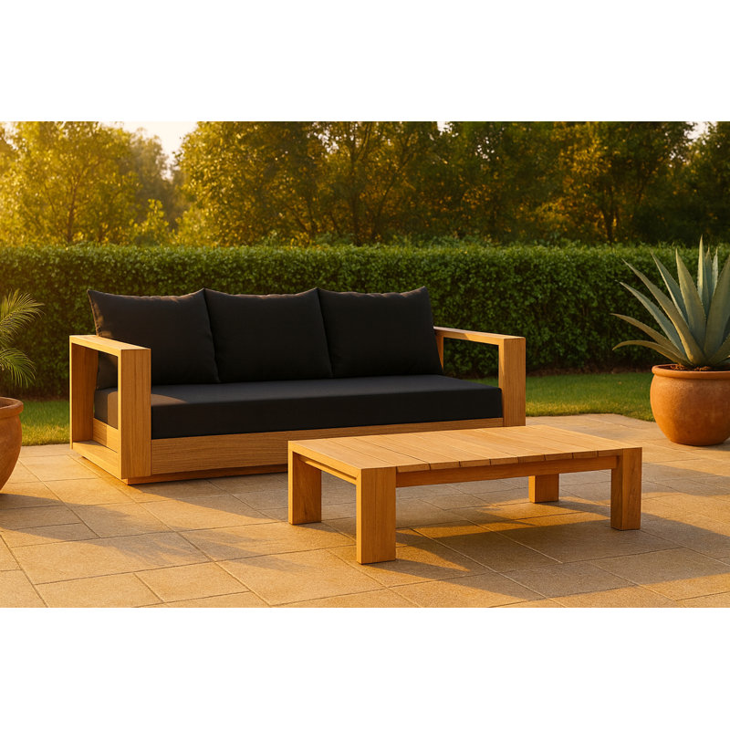 Tulum 87'' Wide Teak Patio Sofa with Cushions, Black