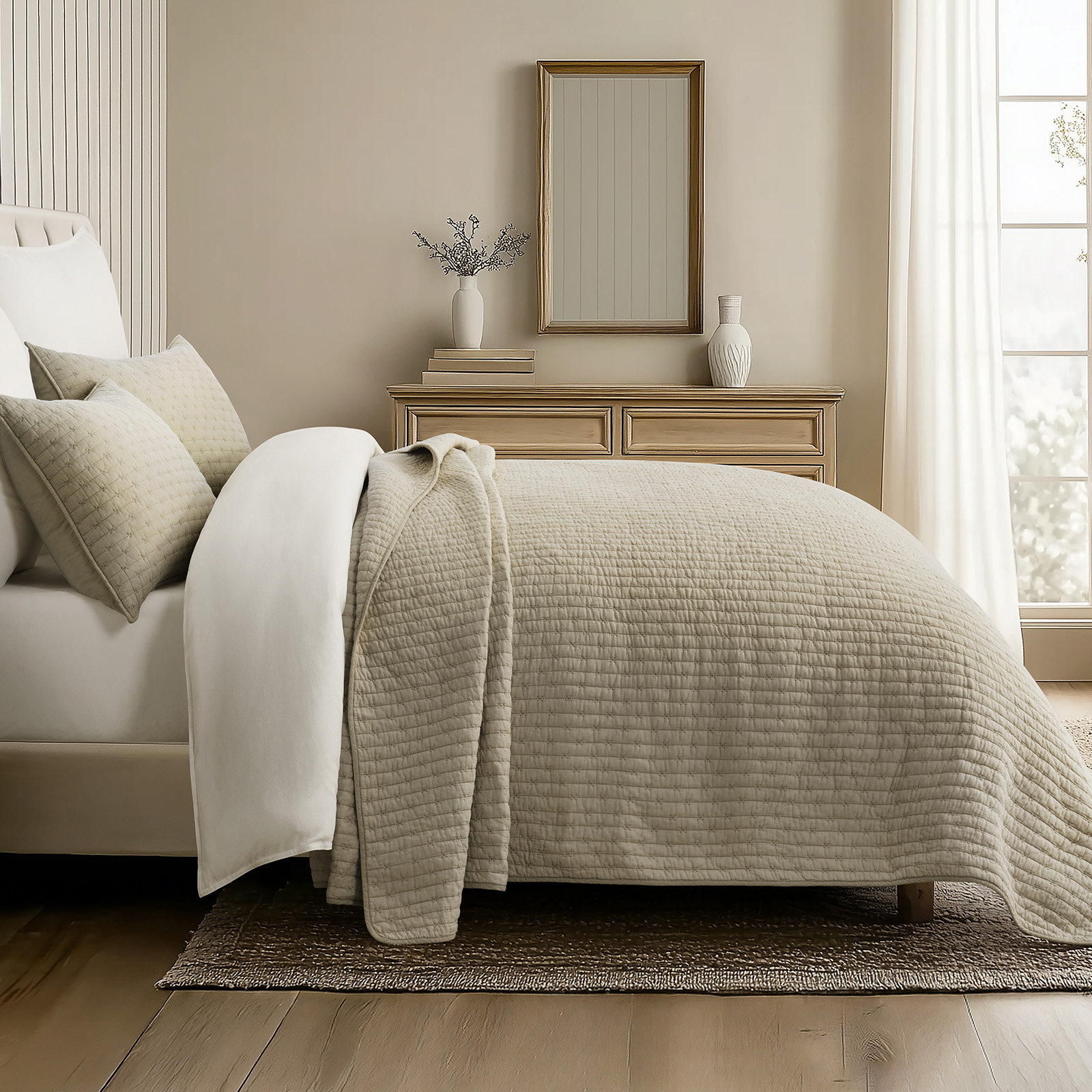 Cotton Quilt Set, Queen + 2 Shams, Khaki Tan