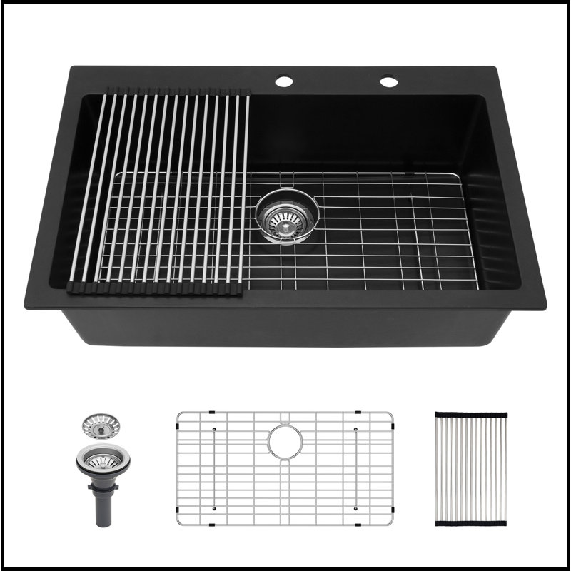 Évier de cuisine en quartz - Évier de cuisine encastré en granite noir 33 x 22 po