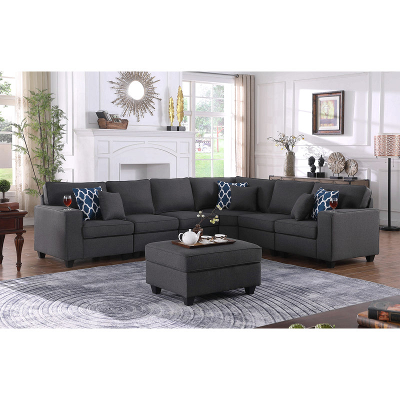 Canapé modulaire en L 125 po avec repose-pieds et porte-gobelet 125 po, Gris foncé