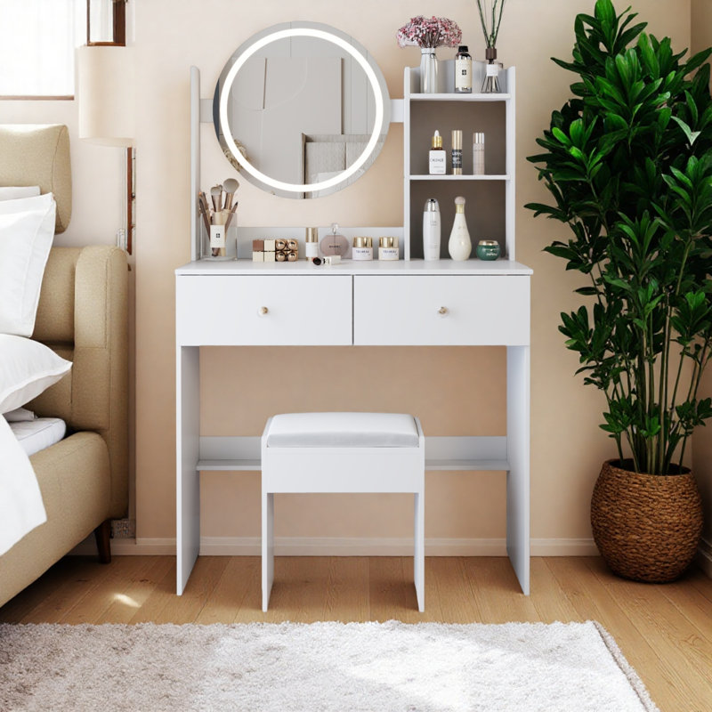 Coiffeuse de maquillage moyenne blanche avec miroir et tiroir à DEL, White